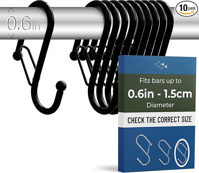 10-Pack Metal S Hooks for Hanging – Heavy-Duty S-Shaped Hook with Safety Buckle – Fits Bars up to 0.6 in – Anti-Drop Hooks for Kitchen, Pot Racks & Towel Bars – Black (Small)