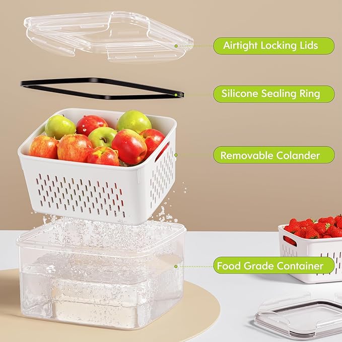 HOMETALL 8 Pack Fruit Storage Containers for Fridge, Produce Containers for Fridge with Colander, Leakproof Fridge Organizers and Storage for Berry Vegetable Salad Lettuce Meat Food