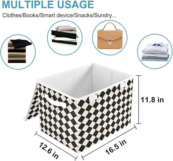 CaTaKu Large Fabric Storage Bins With Lids,Black and White Checkered Storage Boxes With Handles for Organizing Clothes, Collapsible Storage Cube Bins Baskets for Shelves