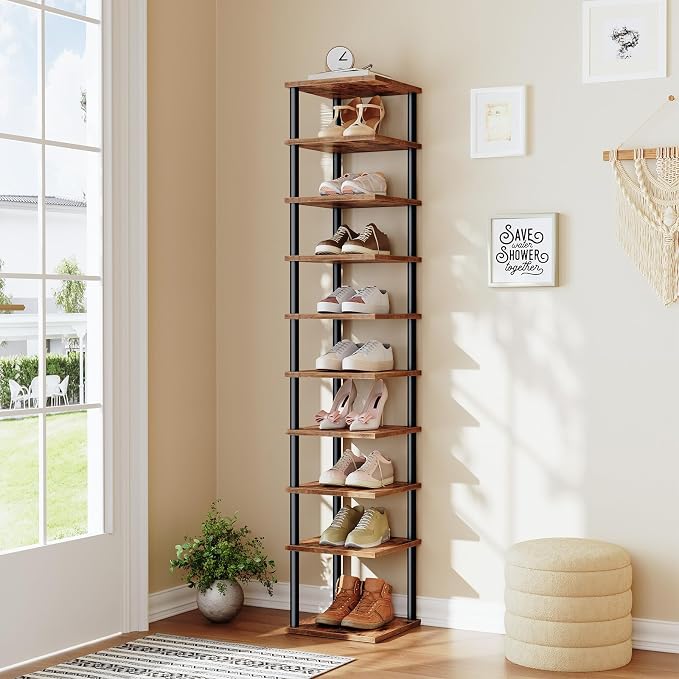 HOOBRO Vertical Shoe Rack, 10-Tier Narrow Shoe Shelf, Shoe Storage Organizer for Small Space, 11" L x 11" W x 68" H, Closet, Entryway, Hallway, Bedroom, Rustic Brown and Black BF32XJ01