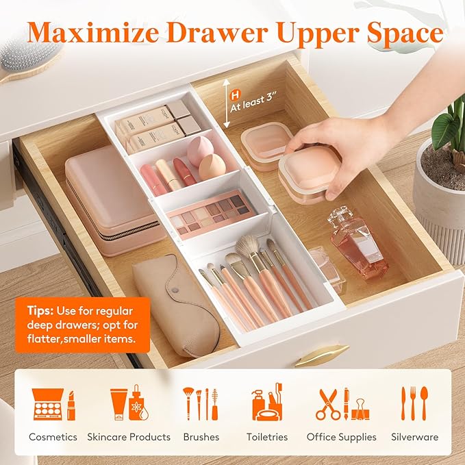 Lifewit Sliding Makeup Drawer Organizer, Fits 13-20" Deep Drawers, Extendable Hanging Divider, 1.8" High Plastic Tray for Vanity, Office, Kitchen, White, 2Pcs