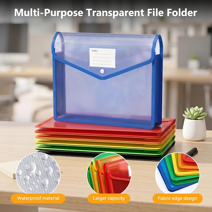 6 Pack Plastic Expanding File Folder, Colorful File Folder Organizer | Folders for Documents with Snap Closure, Transparent Accordion File Pouch, No Dividers, Large Capacity, Fit Letter/A4 Size