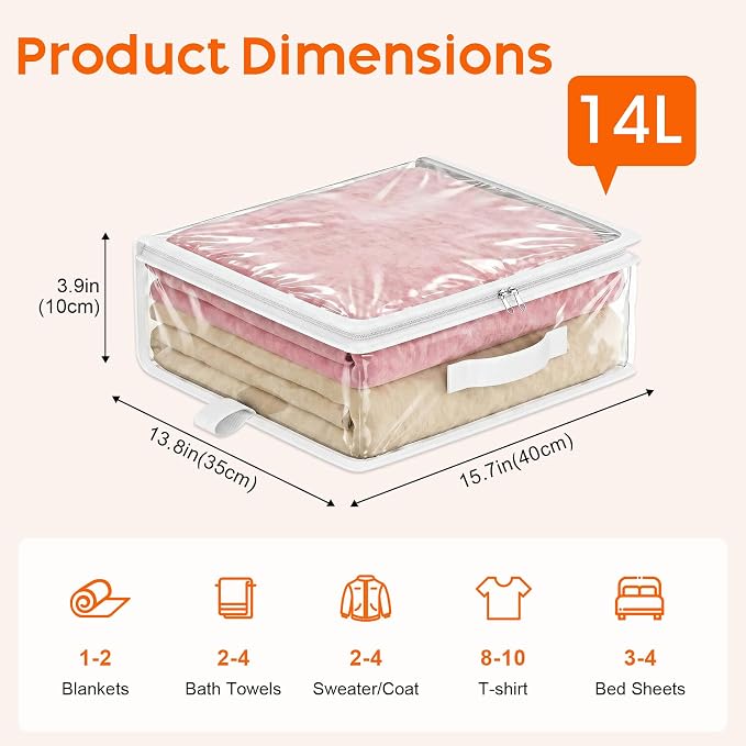 10 Pack Clear Storage Bags with Zipper Handle, Sheet Organizers and Storage | PVC Blanket Storage Bags, Foldable Under Bed Organizer for Baby Clothes Shoes Sweater Toy Bedding Sheet, 15.7x13.8x3.9’’
