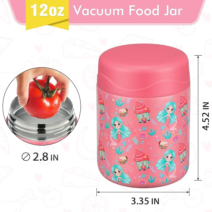 wiwens 12oz Soup Thermo for Hot Food Kids Insulated Food Jar Wide Mouth Lunch Container Leak Proof Stainless Steel Vacuum Bento Box for School Office Travel Outdoors Pink-Mermaid