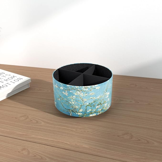 Round Leather Art Supply Organizer,Remote Control Holder,360 Degree Rotating,Multi-Functional Pencil Holder,4 Compartments Desktop Stationary Organizer(1-Peach Blossom)