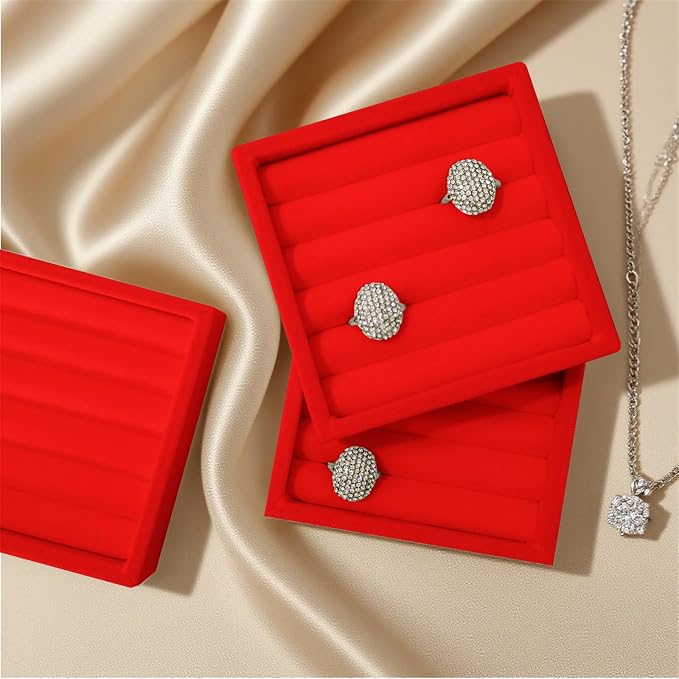 SCIKHETF Velvet Ring Earrings Studs organizer Tray Small Ring Insert Display Tray 5 Slots Stackable (Red)