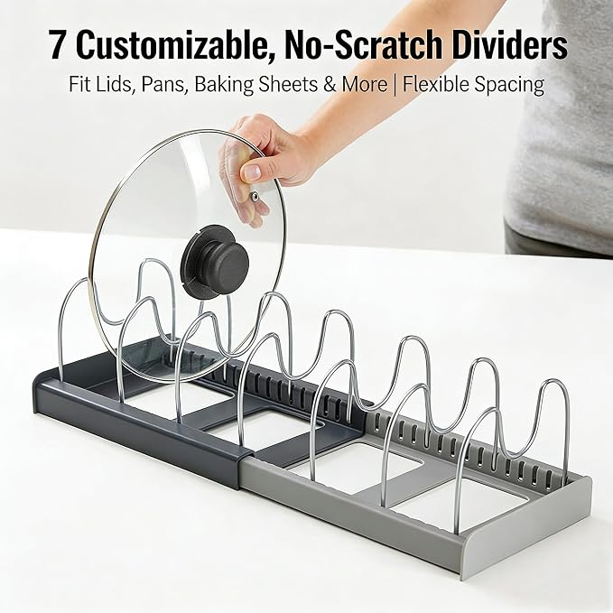 Pan Lid Organizer Inside Cabinet Expandable 12-22 Inch Kitchen Organizer Rack with 7 Dividers For Pot lid, cookware, baking pans and cutting boards
