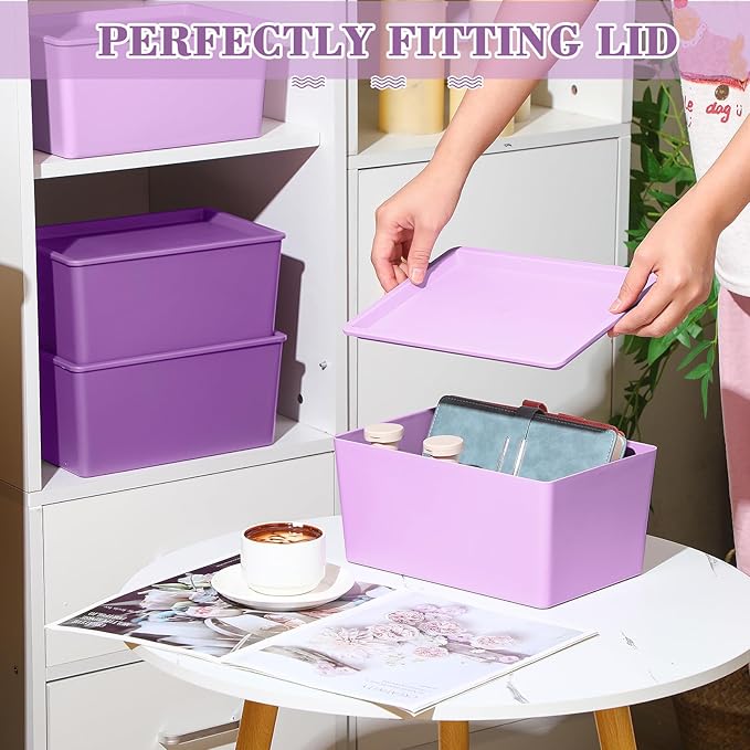 Menkxi 4 Pcs Storage Bins with Lids Plastic Stackable Containers for Organizing Shelves Christmas Ornament Box Baskets(Dark Purple, Light Purple,Small)