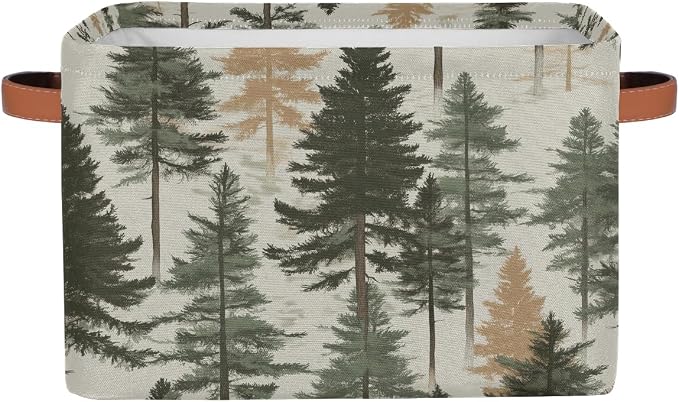 Rectangular Storage Bins Forest Pine Tree Pattern Collapsible Fabric Storage Basket Organizer with Handles for Nursery Bedroom Bathroom