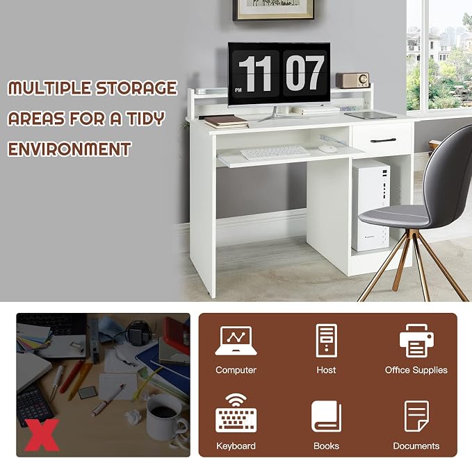 COSTWAY Computer Desk with Hutch, Home Office Desk with Drawer, Adjustable Shelf & Keyboard Tray, Study Writing Desk, Executive Workstation for Living Room, Bedroom & Study (White)