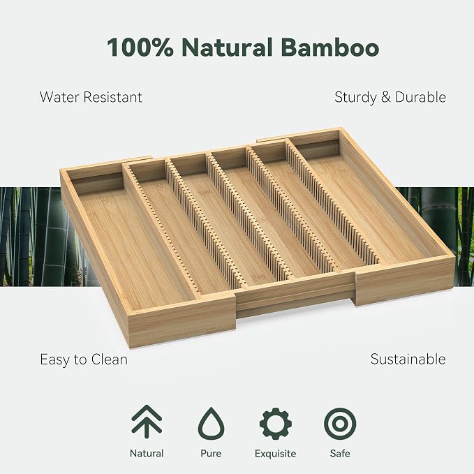 Large Expandable Bamboo Coffee Pod Drawer Organizer | 10.8" -19"W x15.67"Dx1.9"H, Compatible with Nespresso Vertuo Capsules, 40 Big or 52 Small Pods Holder for Counter