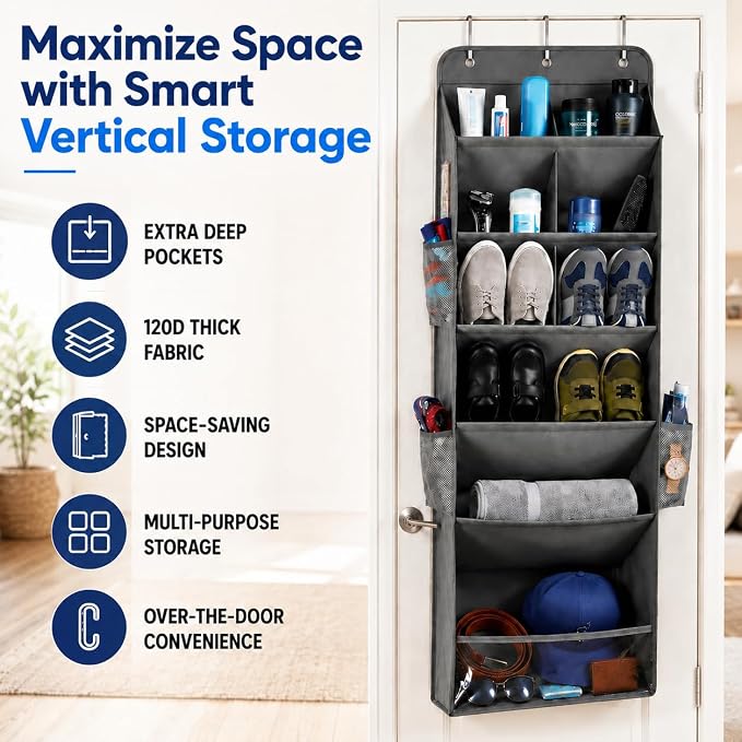 HOMELUX THEORY Hanging Shoe Organizer for Closet, 6 Tier Over the Door Shoe Organizer 120D Extra Thick with Deep Pockets, Shoe Rack for Closet & Entryway, with 4 Side Storage Pockets (Dark Gray)