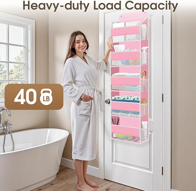 SpaceHacks 5-Tier Over The Door Organizer Hanging Storage Organizers with Clear Window 40lb Large Capacity Room Organizer for Pantry Bathroom Nursery Closet(Pink)