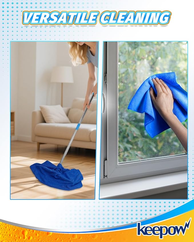 KEEPOW 6PCS Extra Large Microfiber Cleaning Cloth, 30"x20" Washable Reusable Floor Cloth for Squeegee Mop House Floor Kitchen Car Window Highly Absorbent, Lint and Streak Free (Green & Blue & Grey)
