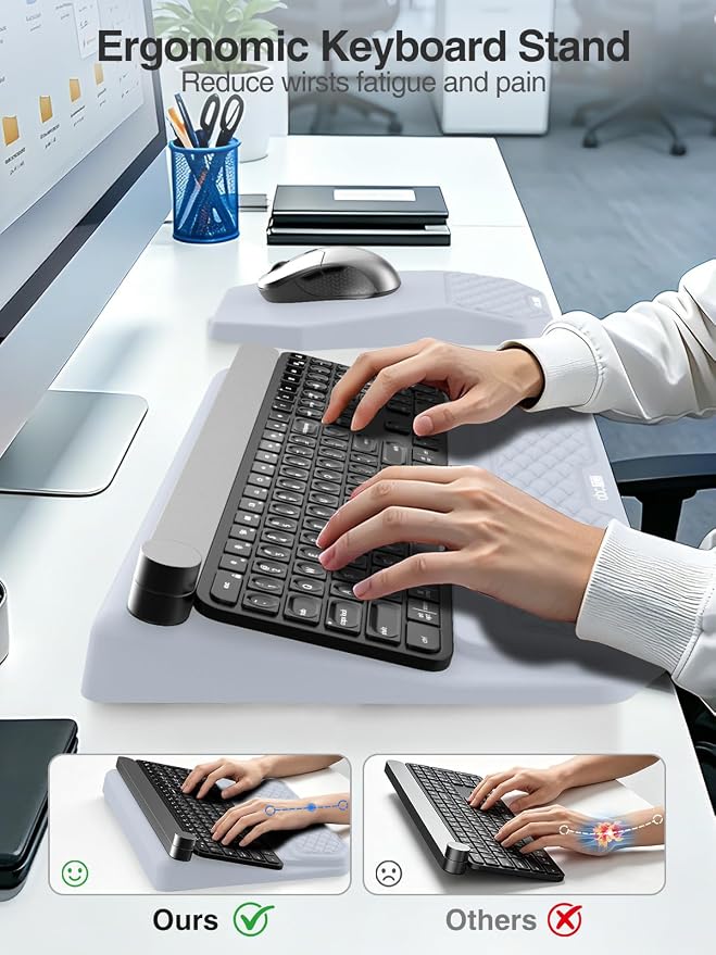 Ergonomic Wrist Rest with Keyboard Stand and Mouse Pad for Easy Typing | Keyboard Holder with Storage Slot, Mousepad for Carpal Tunnel Pain Relief with Massage Bulge and Slow Rebound Memory Foam