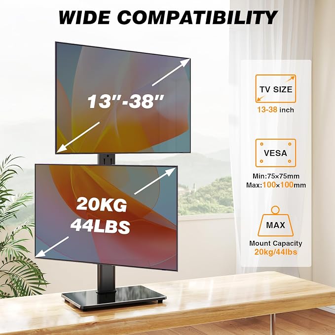Dual Monitor Stand VESA Mount for 13-38 Inch Screens up to 44lbs | Free-Standing Monitor Riser with Swivel, Tilt, Rotation & Height Adjustable, Compatible with VESA 75x75-100x100mm