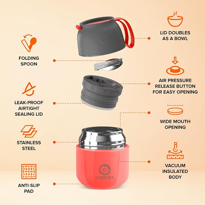 Vacuum Insulated Food Jar. Large 12oz Bowl incl. Folding Spoon, Cup. Wide Mouth Keep Hot & Cold Drinks Soup Lunch Container for Adults. BPA-Free Stainless Steel, Leak Proof Fusion Coral