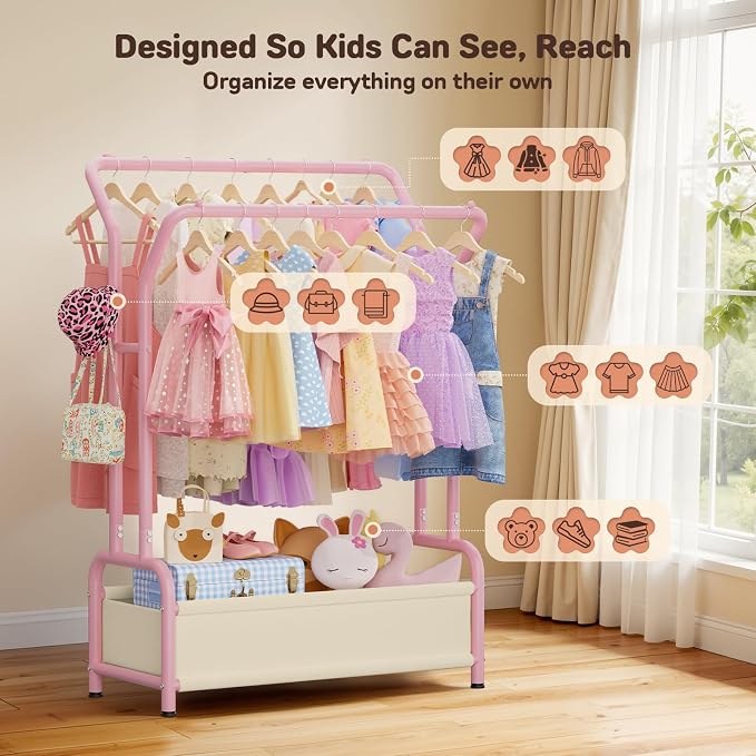 Kids Clothing Rack with Double Hanging Rods and Storage Basket | Child-Height Dress Up Storage for Toddler, Open Kids Closet for Baby Clothes, Costumes, Shoes and Toy, Bedroom Nursery