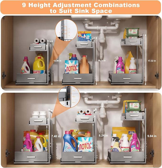 Under Sink Organizer,2 Tier Slide Out Kitchen Cabinet Organizers with Pulley,Under Bathroom Sink Pull Out Organizer with Multiple Height Adjustments for Kitchen and Bathroom Cabinets-Gray