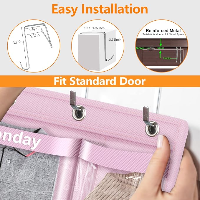 Weekly Hanging Closet Organizer for Kids,Day of Week Kids Clothes Organizer,School Clothing Storage Monday to Friday Hanging Closet Organizer Shelves for Bedroom,Bathroom,Dorm (Pink)