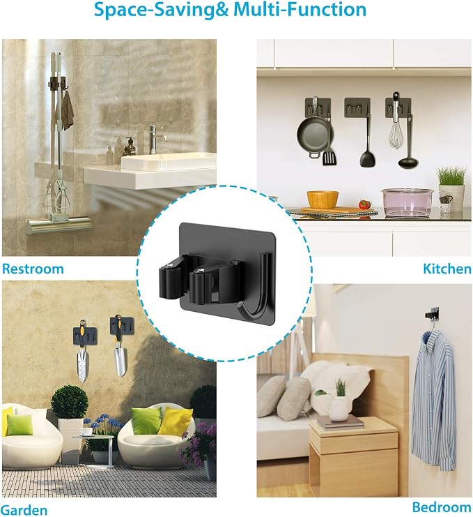 homeasy Mop Broom Holder No Drill, Mop Broom Organizer Wall Mounted Heavy Duty with Hooks Hanger, Self Adhesive Stainless Steel 4Pcs for Bathroom, Kitchen, Office (Black)