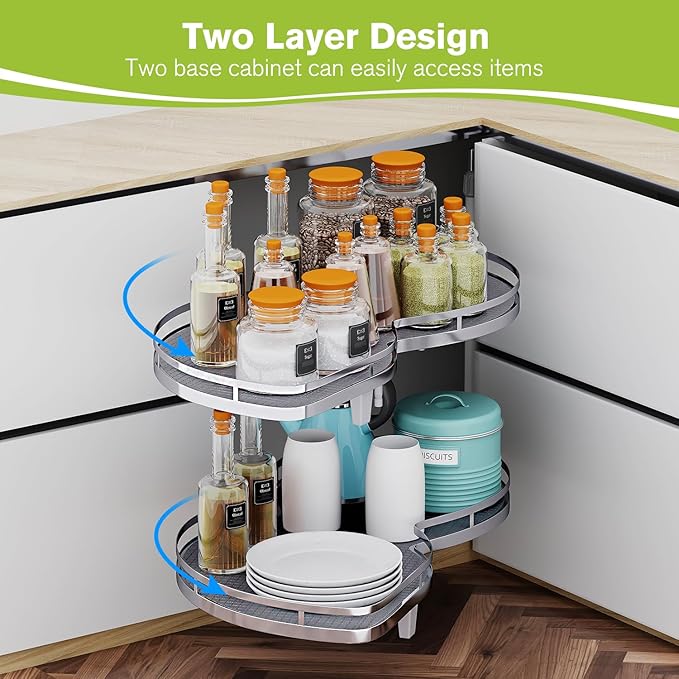 Blind Corner Cabinet Pull Out Organizer, Soft Close Swing Left Pull Out Cabinet Organizer 30inch, Corner Cabinet Lazy Susan for Cabinet Blind Shelf, 2 Tiers Tray, Adjustable Height
