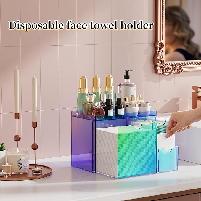 Youdepot Iridescent Acrylic Face Towel Holder with 3 Drawers | Disposable Face Towel Organizer for XL Facial Towels, Cotton Pads, Swabs, Skincare Tools, Bathroom Vanity Countertop