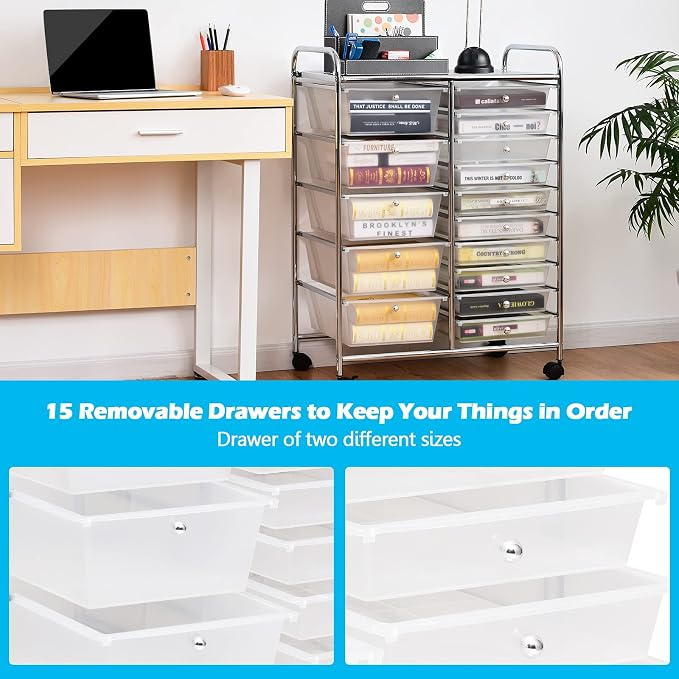 Moccha 15-Drawer Rolling Storage Cart - Under Desk Storage Drawers with wheels for Craft Art Supply Paper Salon, Scrapbook Paper Tools, Mobile Utility Cart for Classroom (15 Drawers, Clear)