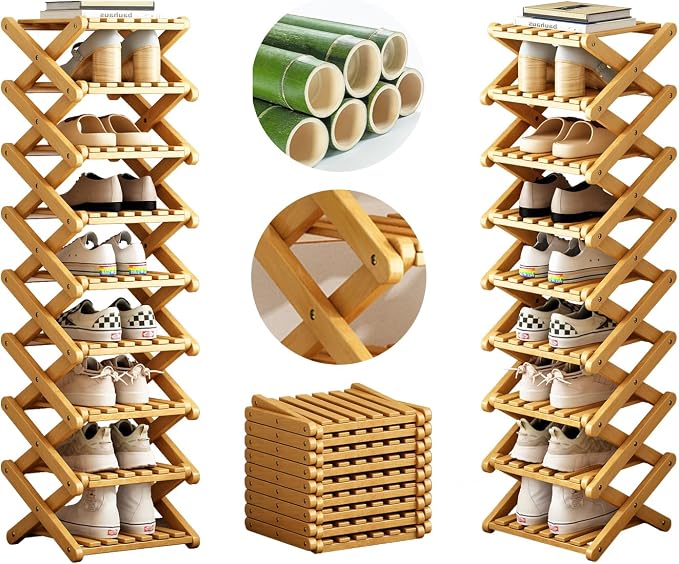 Bamboo Foldable Shoe Rack, 9 Tier Portable Shoe Storage Rack, Multi Functional Narrow Vertical Shoe Racks, Shoe Shelf for Entryway, Corner, Bedroom, Hallway, Balconies, Small Space