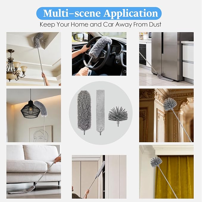 Cobweb Duster with Extension Pole, Washable Cleaning Microfiber Feather Duster 5-in-1 Kit with 3 Duster Heads, 100'' Bendable Extendable Long Duster for High Ceilings, Fans, Blinds, Furniture & Car