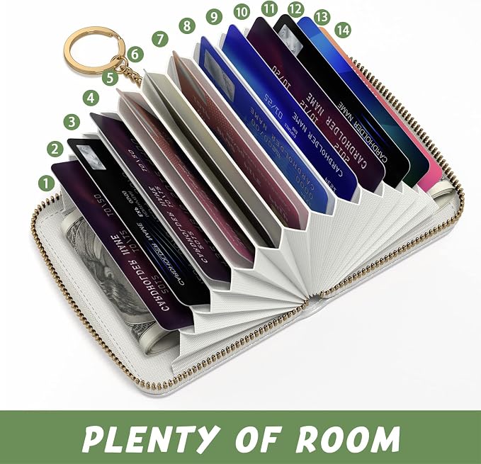 Aiawoxc Credit Card Holder for Women, Small RFID Wallet Slim Leather Business Card Organizer Case with Zipper and Keychain, White