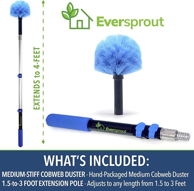 EVERSPROUT Cobweb Duster & 1.5 to 3 ft Pole, Indoor & Outdoor | Medium-Stiff Bristles, for Ceilings, Walls, Corners, Beams, Shelves, Window Screens and more, Lightweight, 3/4" Acme thread