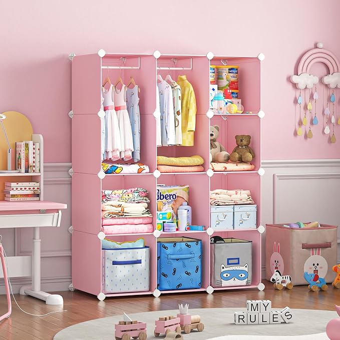 VIPZONE Baby Dresser, Kids Closet Organizers, Portable Kids Wardrobe for Closet, Bedroom, Nursery, Cubby, Cabinet, Clothes, Dress, Baby Storage Shelf, Armoire Clothes Hanging (12 Cube, Pink)