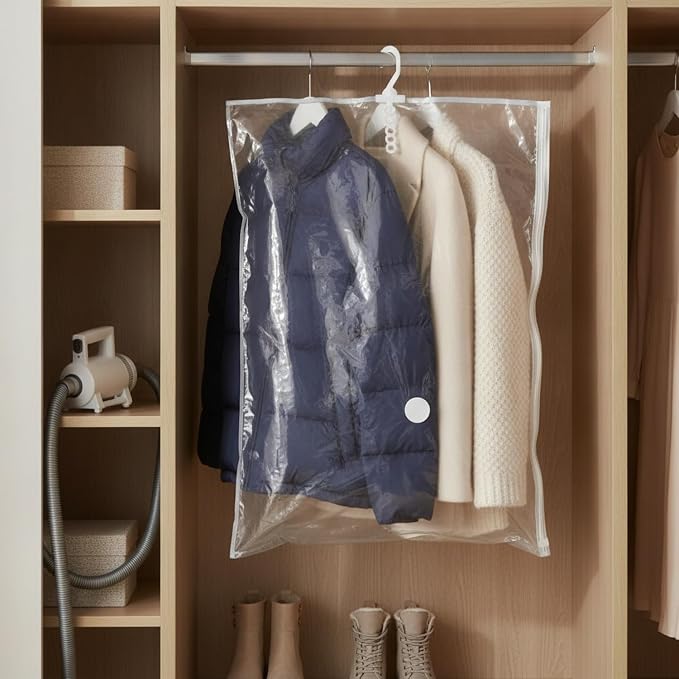 Hanging Vacuum Storage Bags for Closet, Clear Compression Garment Covers for Coats & Suits, Space Saving Organizer (1 Pack)