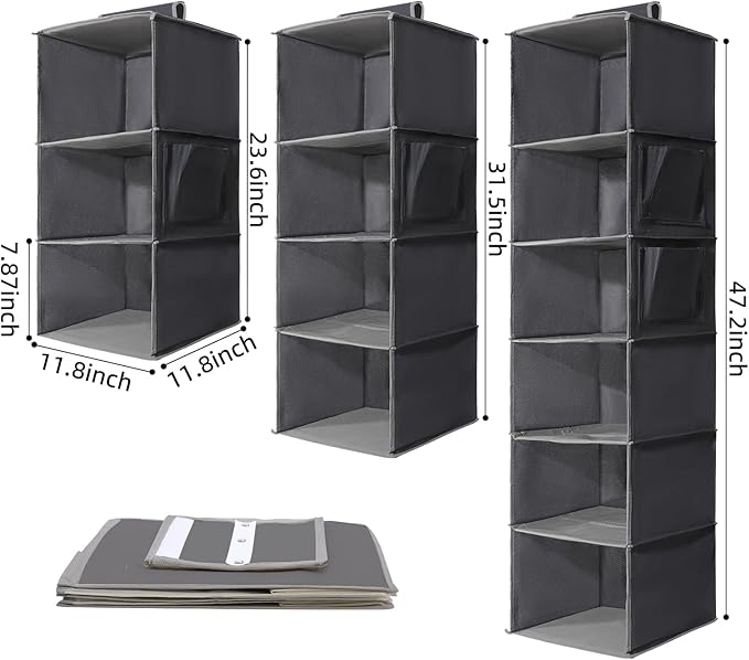 2-Pack Hanging Organizer, 4-Shelf Closet Shelves With Side Pockets, Grey