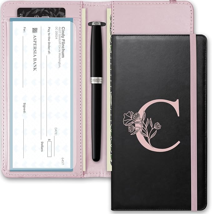 Letter Checkbook Cover, RFID Blocking Checkbook, Duplicate Checks with Pen Holder, Cards Slots, Multi-Functional Checkbook Holder for Personal and Business Checks