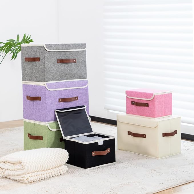 2PCS Collapsible Storage Boxes Baskets with Lid Cotton Linen Fabric Storage Bins with Faux Leather Handles Washable Cube Organizer Container for Home Closet Bedroom Purple Large Size