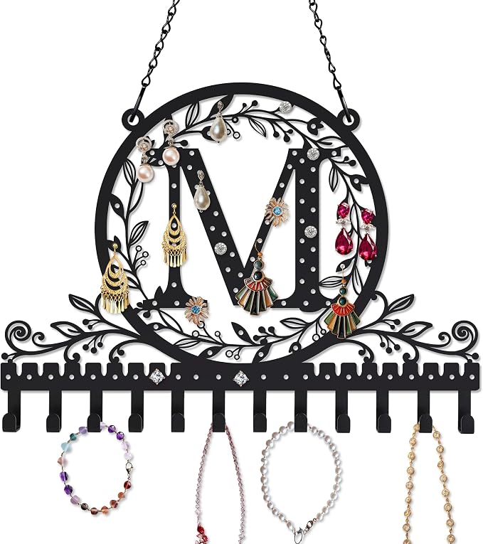Personalized Wall Mounted Metal Initial Letter M Earring Holder Jewelry Organizer for Earrings and Necklaces Space Saving Wall Display with Hooks Jewelry Storage Bedroom Vanity Gift for Women