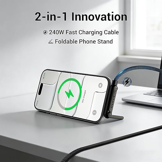 Invisible Holder Charger Cable, Fast Charging Cable for Desk, USB-A to Type-C (65W) & USB-A to Type-C (65W) Cable 4.9 FT with 360° Adjustable Metal Stand, 2 in 1 Holder Charger for Gaming, Office