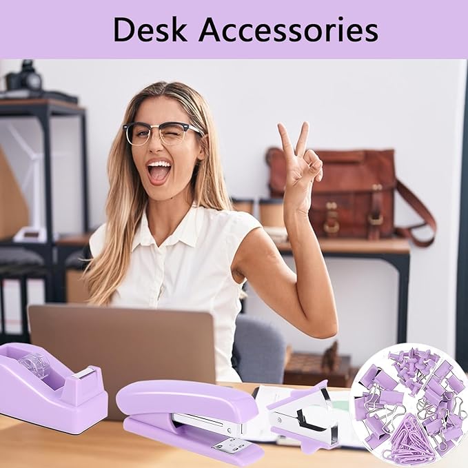 suniya Office Supplies,Desk Accessories,Tape Holder,Stapler,Scissor,Staple Remover,Box of Binder Clips,Staples,Ballpoint Pen,Lndex Tabs,Clear Tape,Office Supplies Set(Purple)