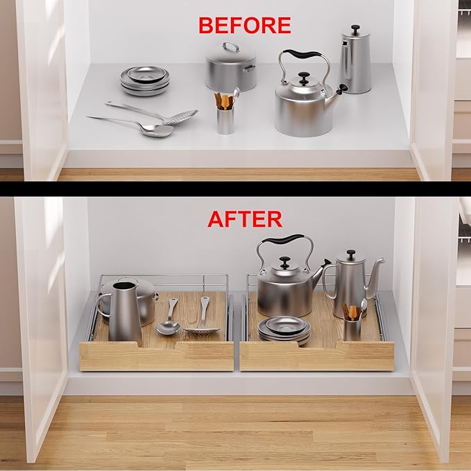 Sikarou Pull Out Cabinet Organizer,Heavy-Duty Slide Out Shelf, Wood And Wire Basket, Pull Out Drawer for for Kitchen Under Sink Space, Pantry, Bathroom (11 * 21 WM)