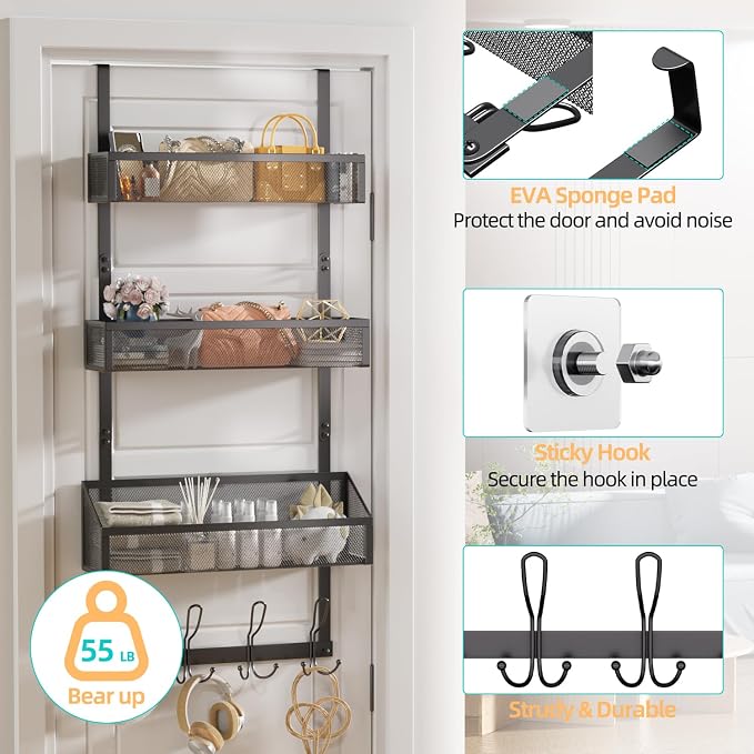 Over Door Hook Organizer 12 Hook Over The Door Organizer with 3 Mesh Baskets - Back of Door Storage Towel Rack Space Saving Storage Organizer for Bedroom, Bathroom, Kitchen, Pantry, Black