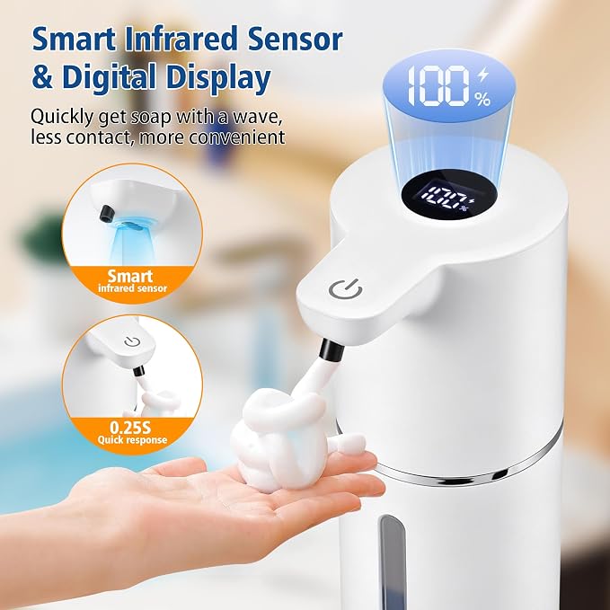 Automatic Foaming Soap Dispenser, Touchless, 350ml, White | Rechargeable Foam Soap Dispenser with Digital Display, 4 Adjustable Foam Levels, 11.8 oz Countertop or Wall Mounted