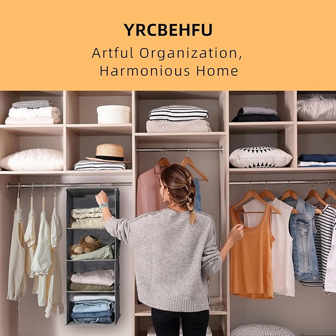 2 Packs Hanging Closet Organizer, 6-Shelf Closet Organizers and Storage with Side Pockets, Collapsible Hanging Shelves for Closet & RV & College Dorm,Black