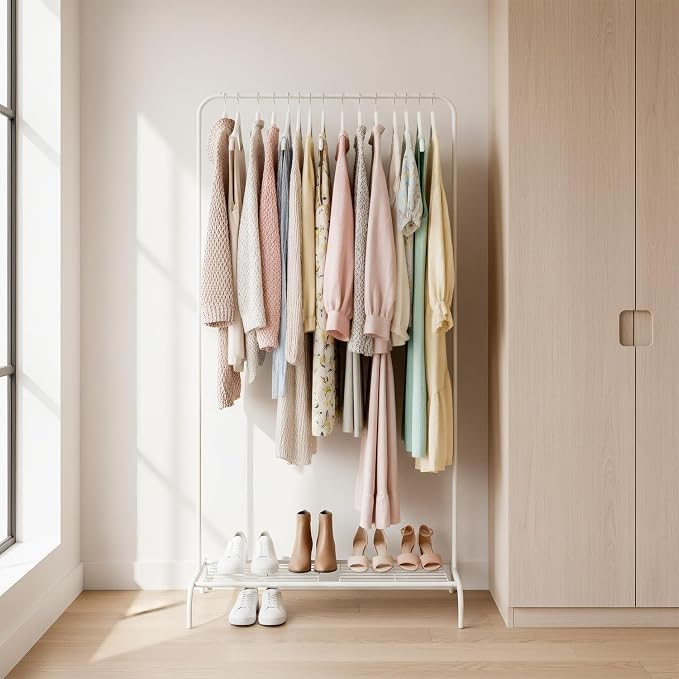 Small White Clothing Rack, Freestanding Metal Garment Rack with Bottom Shelf, Stable Clothes Rack for Small Spaces, Bedroom, Dorm, Apartment, 92LBS Capacity