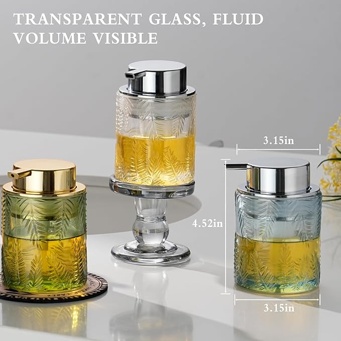 CICUFY Glass Foam Soap Dispenser for Kitchen & Bathroom - Refillable Liquid Soap Dispenser with Large Silver Pump (Leaf Pattern-Blue)