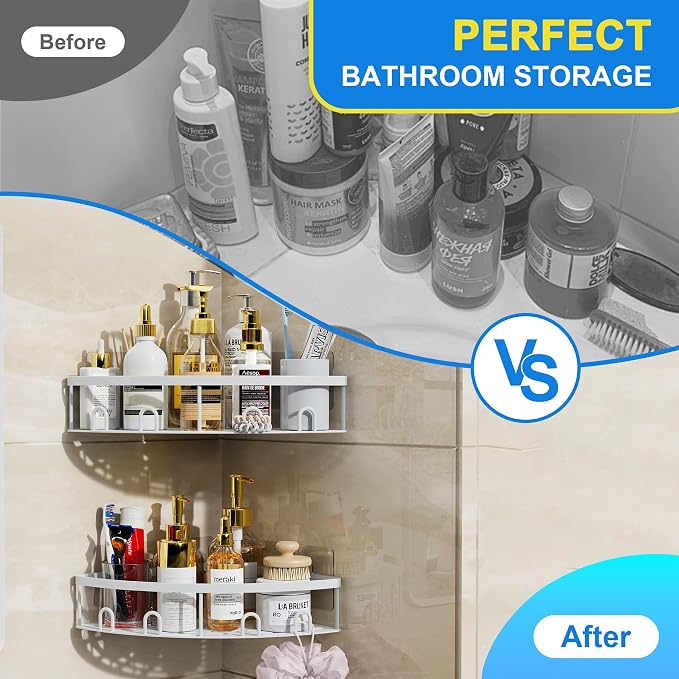 Corner Shower Caddy for Bathroom Storage,White,2 Pack | No Drilling, Rustproof, Adhesive Bathroom Shower Shelves, Wall Mounted