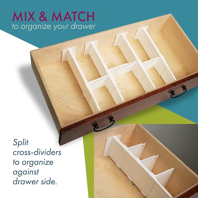 Dial Industries Dresser Drawer Dividers, 4 Pk + 3 Cross Dividers, 4.5" Deep | Slides apart to fit drawers of any length, Extra pieces create small sections, Great for socks, underwear and accessories
