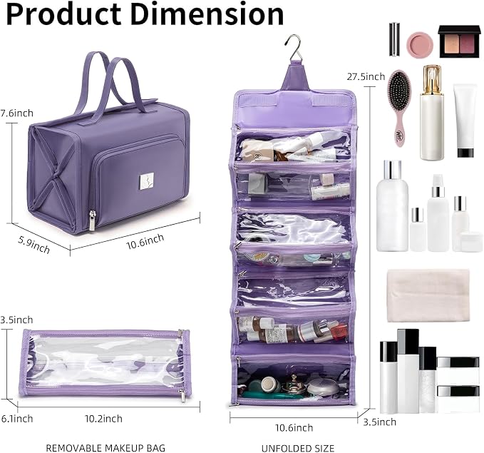 ROYALFAIR Roll Up Makeup Bag, Waterproof Toiletry Bag for Women, Hanging Travel Organizer bags with Jewelry Organizer Compartment, Extra Large 4 Clear TSA Approved Pouches Cosmetic Makeup (violet)