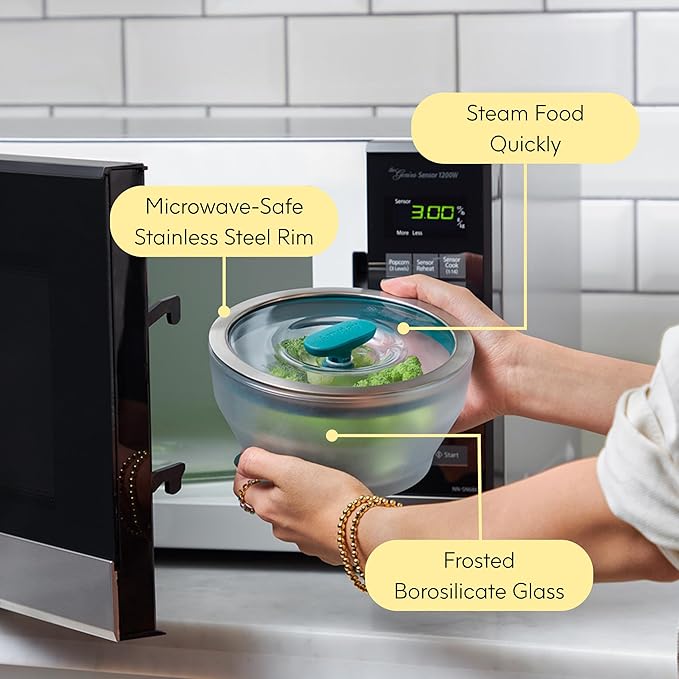 Anyday 4-Cup Microwave Cookware & Glass Container with Glass Lid, Plastic-Free Shallow Food Storage | Stackable Airtight Steamer with Vented Lid for Microwave-Safe Reheating, Steaming Vegetables